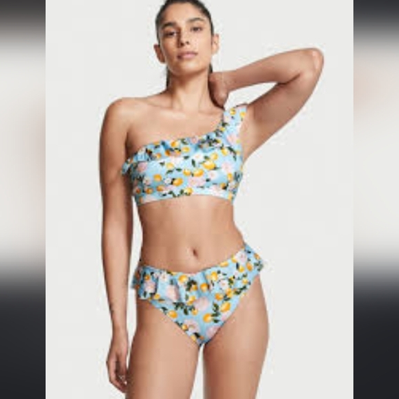Victoria Secret- Blue Lemons One Shoulder Ruffle Top & High Waisted Bottoms-S - Picture 1 of 4